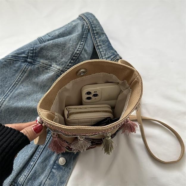 Women's Boho Canvas Bucket Bag with Tassel Detail