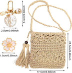Women's Handwoven Straw Crossbody Bag with Tassels and Floral Accessories