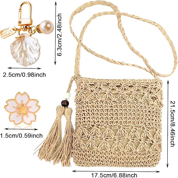 Women's Handwoven Straw Crossbody Bag with Tassels and Floral Accessories