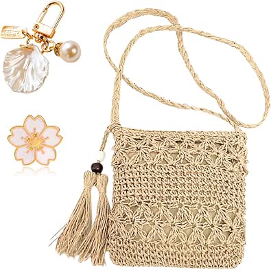 Women's Handwoven Straw Crossbody Bag with Tassels and Floral Accessories