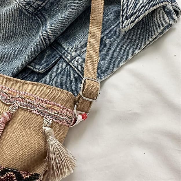 Women's Boho Canvas Bucket Bag with Tassel Detail