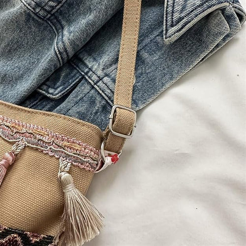 Women's Boho Canvas Bucket Bag with Tassel Detail