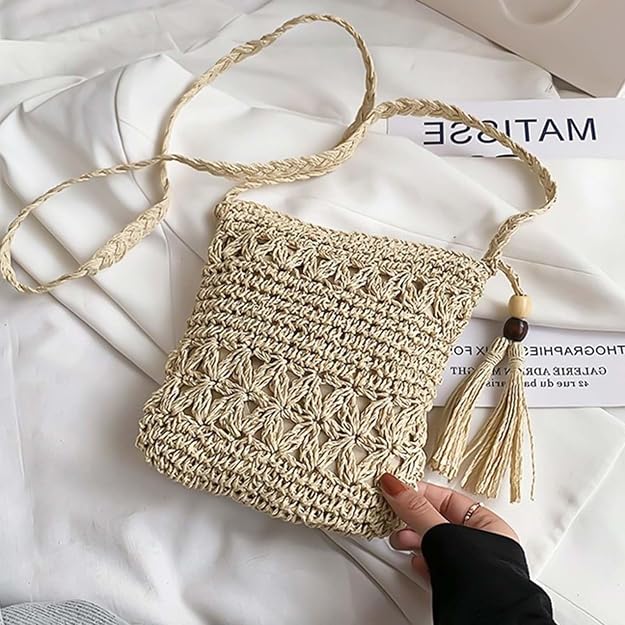 Women's Handwoven Straw Crossbody Bag with Tassels and Floral Accessories