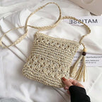 Women's Handwoven Straw Crossbody Bag with Tassels and Floral Accessories