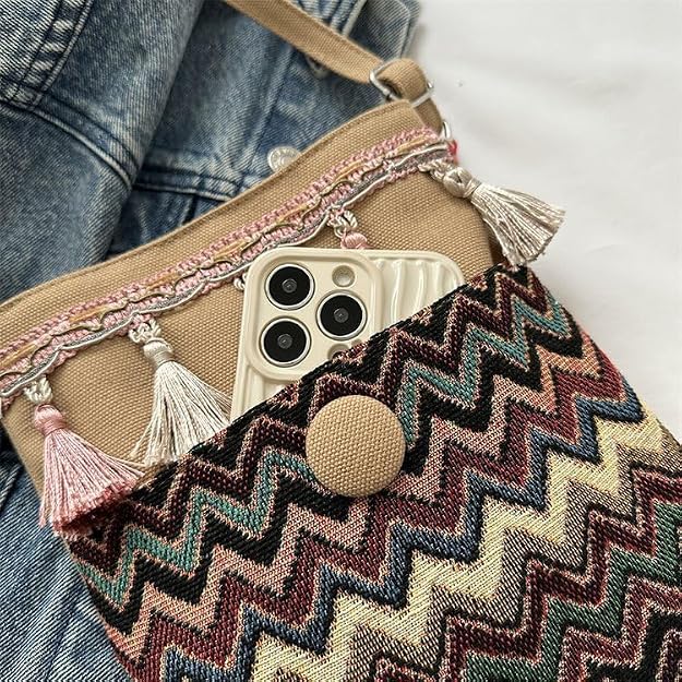 Women's Boho Canvas Bucket Bag with Tassel Detail
