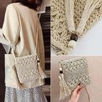 Women's Handwoven Straw Crossbody Bag with Tassels and Floral Accessories