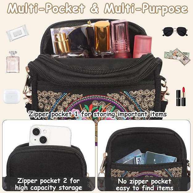 Women's Boho Embroidered Canvas Mini Crossbody Bag