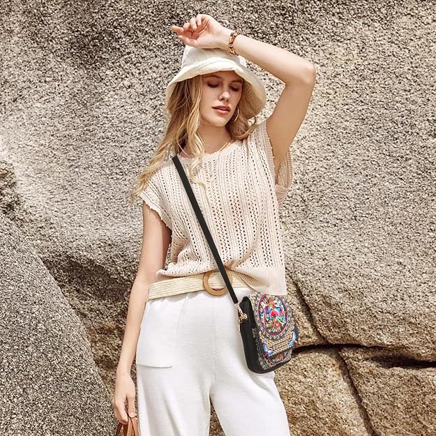 Women's Boho Embroidered Canvas Mini Crossbody Bag