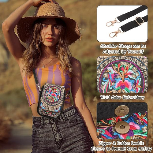 Women's Boho Embroidered Canvas Mini Crossbody Bag