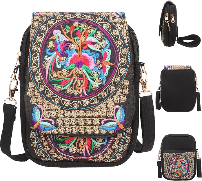 Women's Boho Embroidered Canvas Mini Crossbody Bag